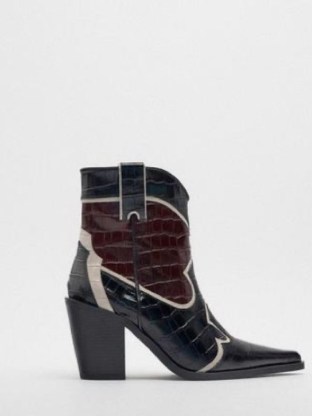 Zara Black and Burgundy Croc-Effect Pointed Western Ankle Boots with Cream Trim - Picture 6 of 6